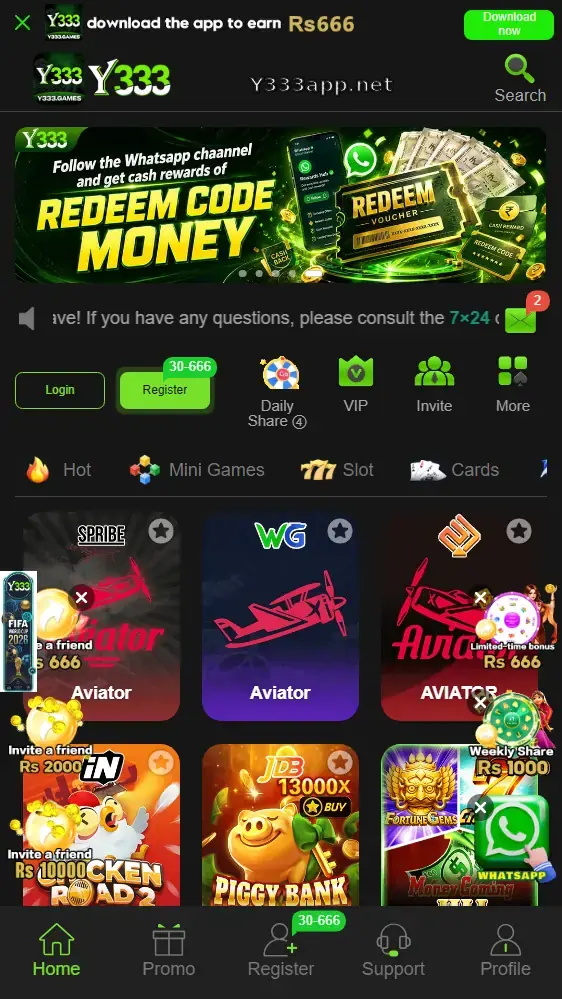 Y333 Game home screen showing casino games and reward buttons