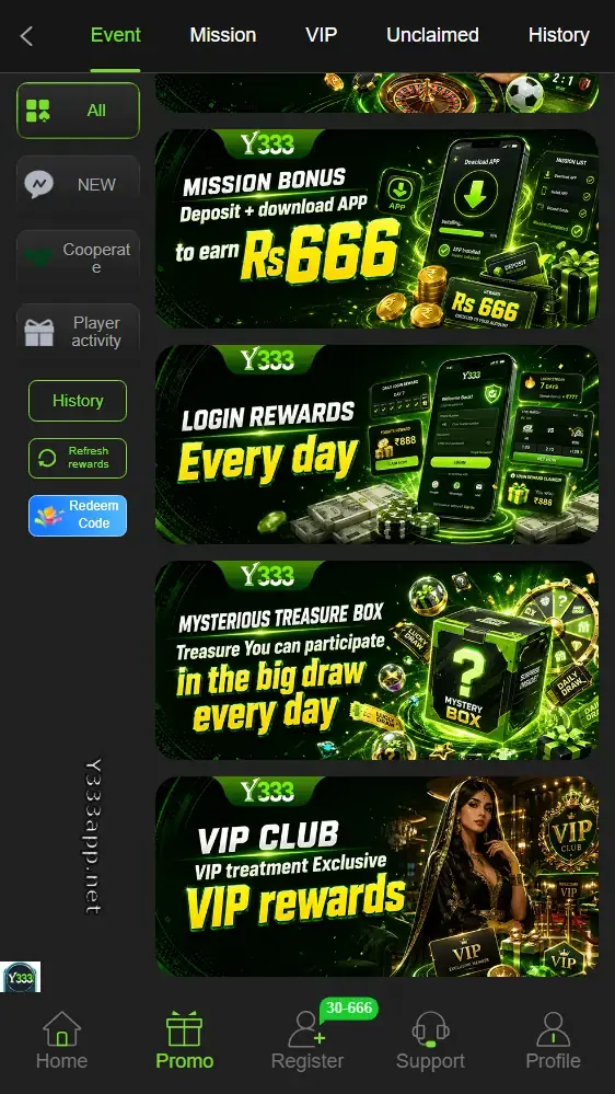 Y333 Game event page showing mission, login, treasure box and VIP rewards