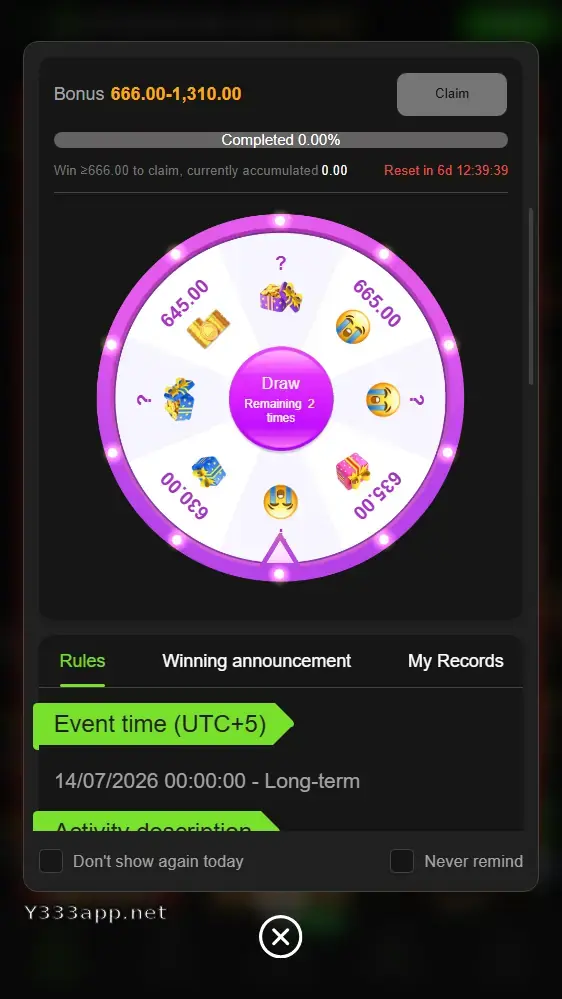Y333 Game lucky draw event with cash prize wheel