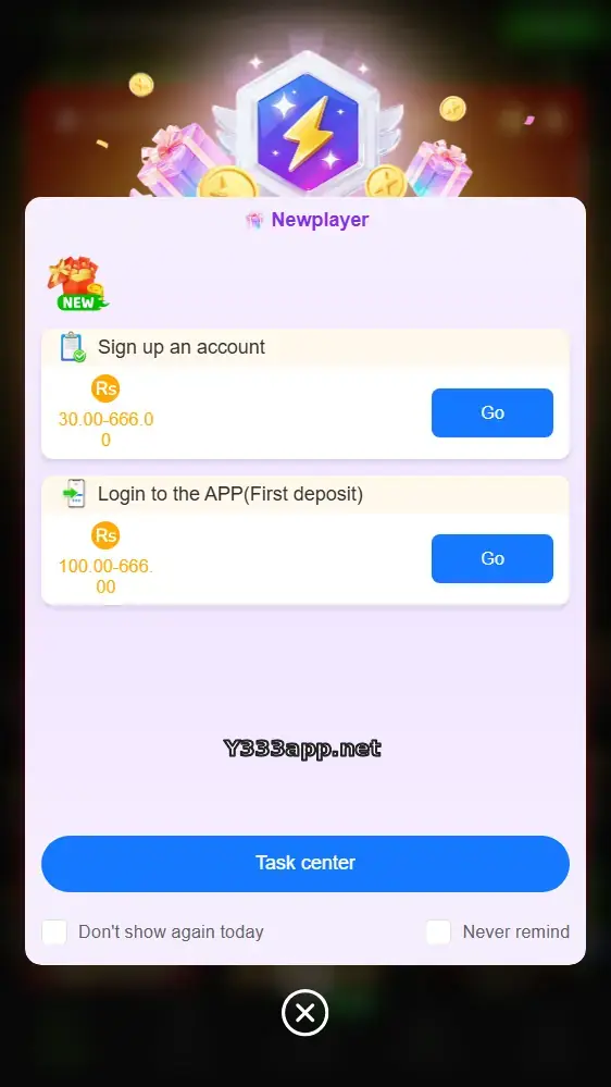 Y333 Game new player tasks with signup and first deposit rewards